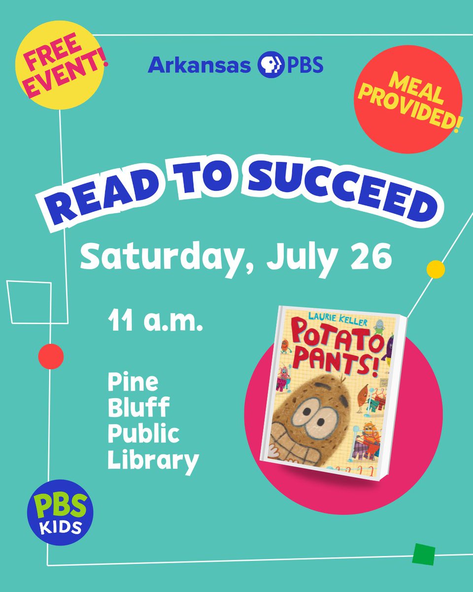 ArkansasPBS's tweet image. Read to Succeed is bringing family reading fun your way soon, Pine Bluff! Join the free event July 26 at 11 a.m. in Pine Bluff Public Library at 600 S. Main St.
Details: myarkansaspbs.org/events.
Made possible by the Joan R. and Charles M. Taylor II Memorial Endowment Fund.