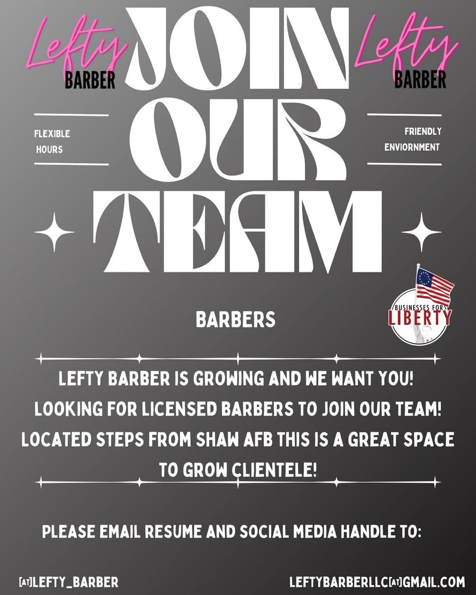 BForLiberty's tweet image. 🚨 PATRIOT BARBERS! Start your career at Lefty Barber in SUMTER, SC! 💈 Owned by Bella Birket, near Shaw AFB. Perfect for rookies or pros! 💪 Military &amp;amp; first responder cuts, classic vibe. 🪒💇‍♂️

📍 Lefty Barber, Sumter, SC  
📞 (803) 735-6565  
📷 @lefty_barber