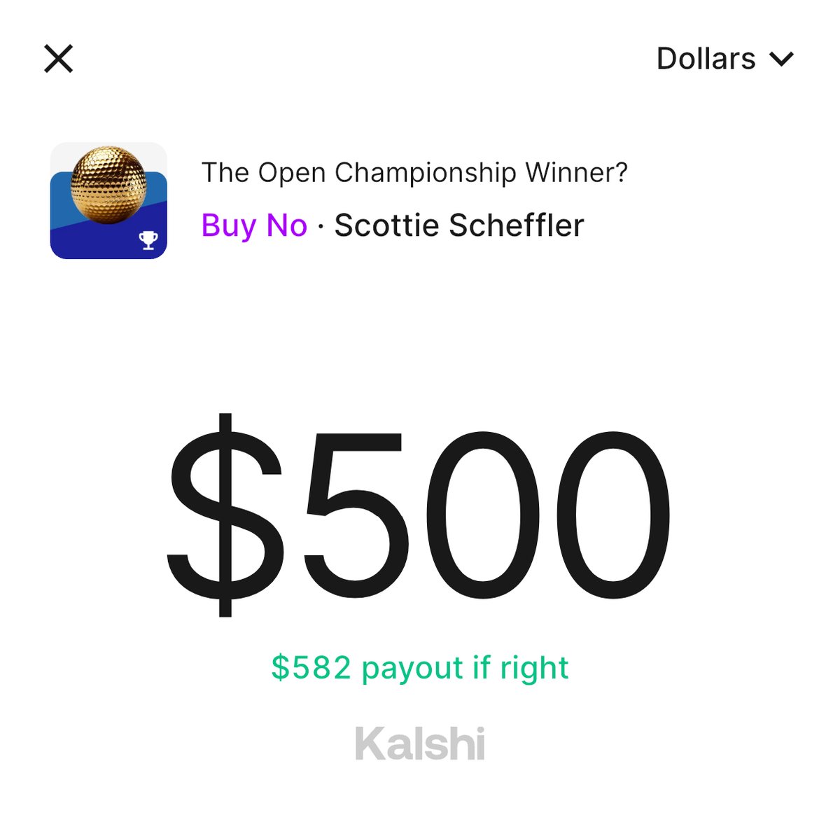 ClubProGuy's tweet image. I just bet $500 on @kalshi that Scottie will NOT win the #Open this week. The $82 payout is exactly what I need to cover Declan and Mike's taekwondo camp on Monday.