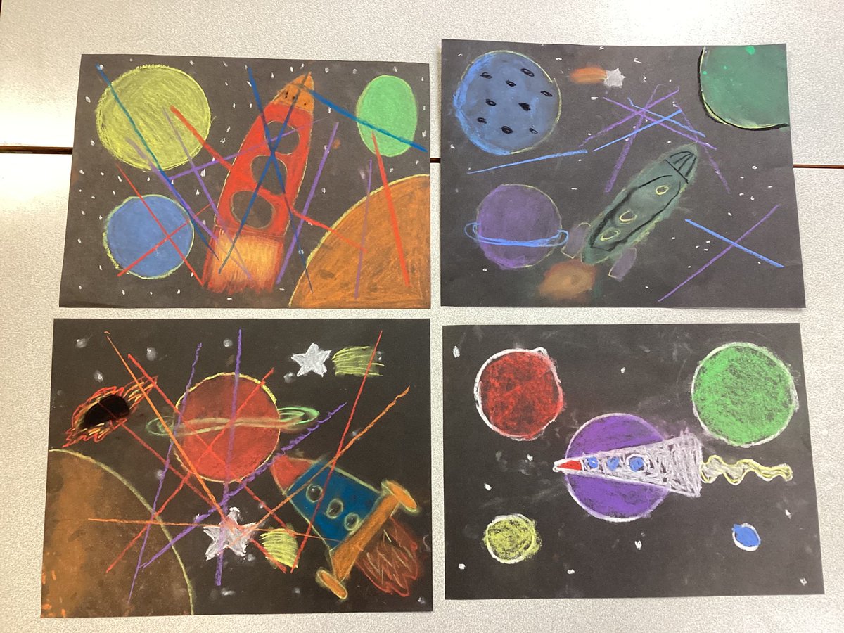 Year One have created their own space pictures using pastels in the style of artist Peter Thorpe.