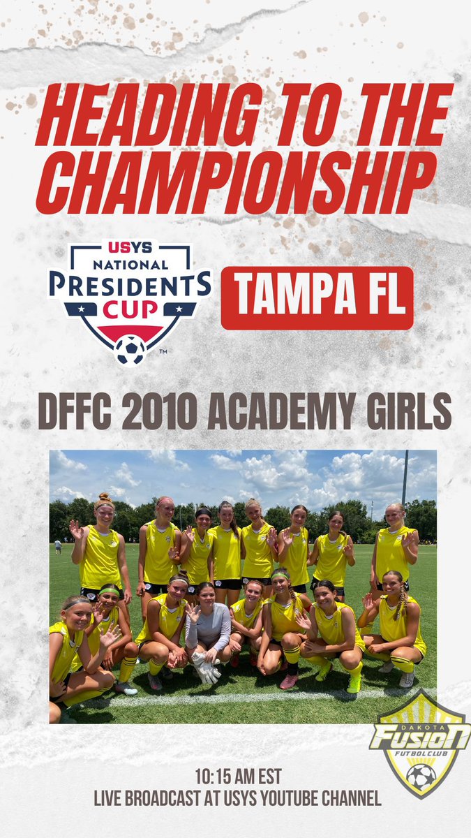 The Dakota Fusion 2010 Girls Academy team is advancing to the USYS President's Cup Championship tomorrow at 10:15AM (EST).  They will face the Far West Champions, WFC Rangers (WA). 
Championship game can be watched live at USYS Youtube channel.