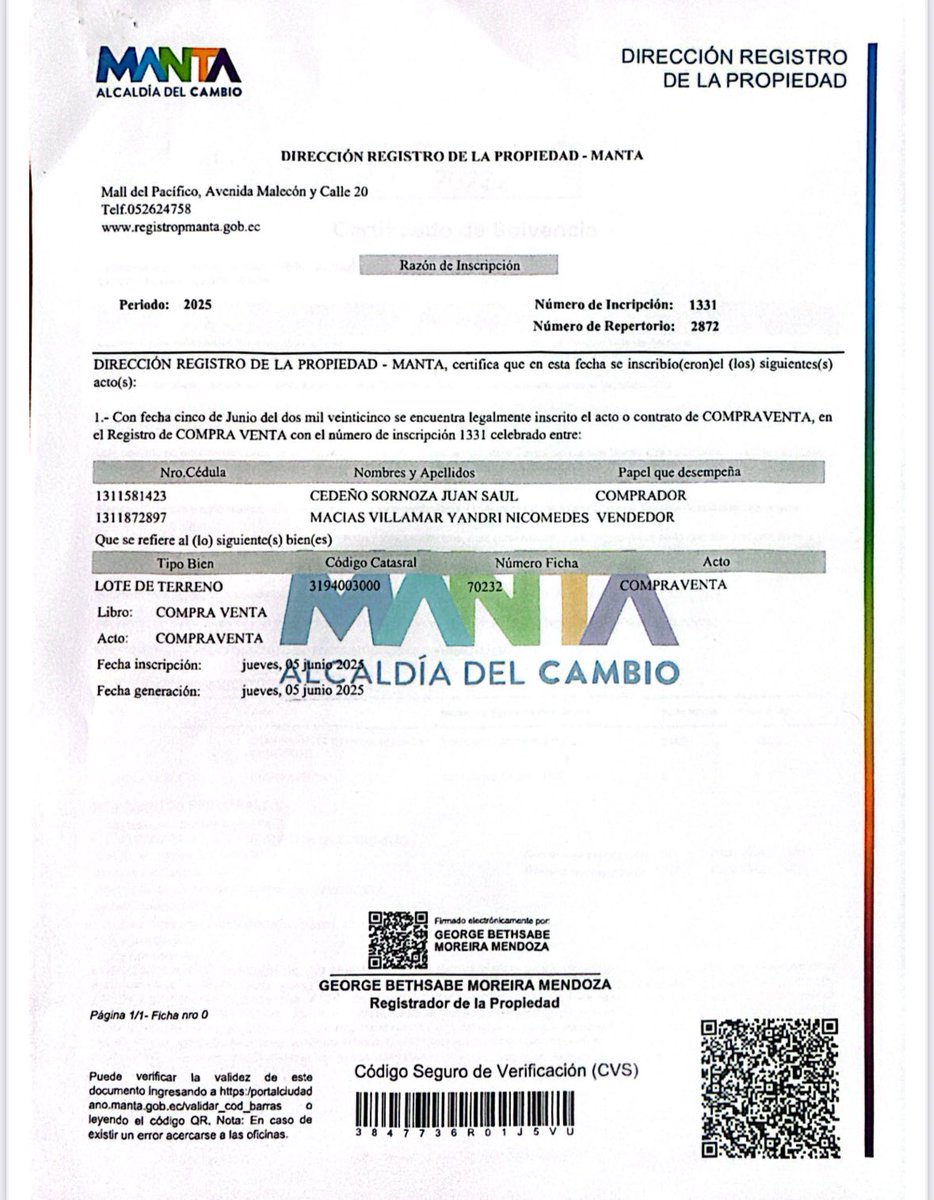 JohnReimberg's tweet photo. #ATENCIÓN

El pasado 05 de junio, el Registrador de la Propiedad del Municipio de Manta GEORGE BETHSABE MOREIRA MENDOZA, permitió la inscripción del CONTRATO DE COMPRAVENTA de una casa, con el número de inscripción 1331, propiedad de MACÍAS VILLAMAR YANDRI NICOMEDES (VENDEDOR), HERMANO DE ALIAS “FITO” y CEDEÑO SORNOZA JUAN SAÚL (COMPRADOR), y que consta como ACTUAL PROPIETARIO (que tiene procesos judiciales por extorsión) cuando este INMUEBLE YA HABÍA SIDO ALLANADO E INCAUTADO POR EL ESTADO en el Operativo Centinela VI, el 02 de junio.

Es decir, el Registro de la Propiedad del GAD de Manta permitió la venta de los bienes inmuebles de los procesados por este caso de lavado de activos. La corrupción de esta entidad no tiene límites. Haremos lo que sea necesario para combatir las mafias y las economías criminales y sus acólitos. 

Que caiga quien tenga que caer.