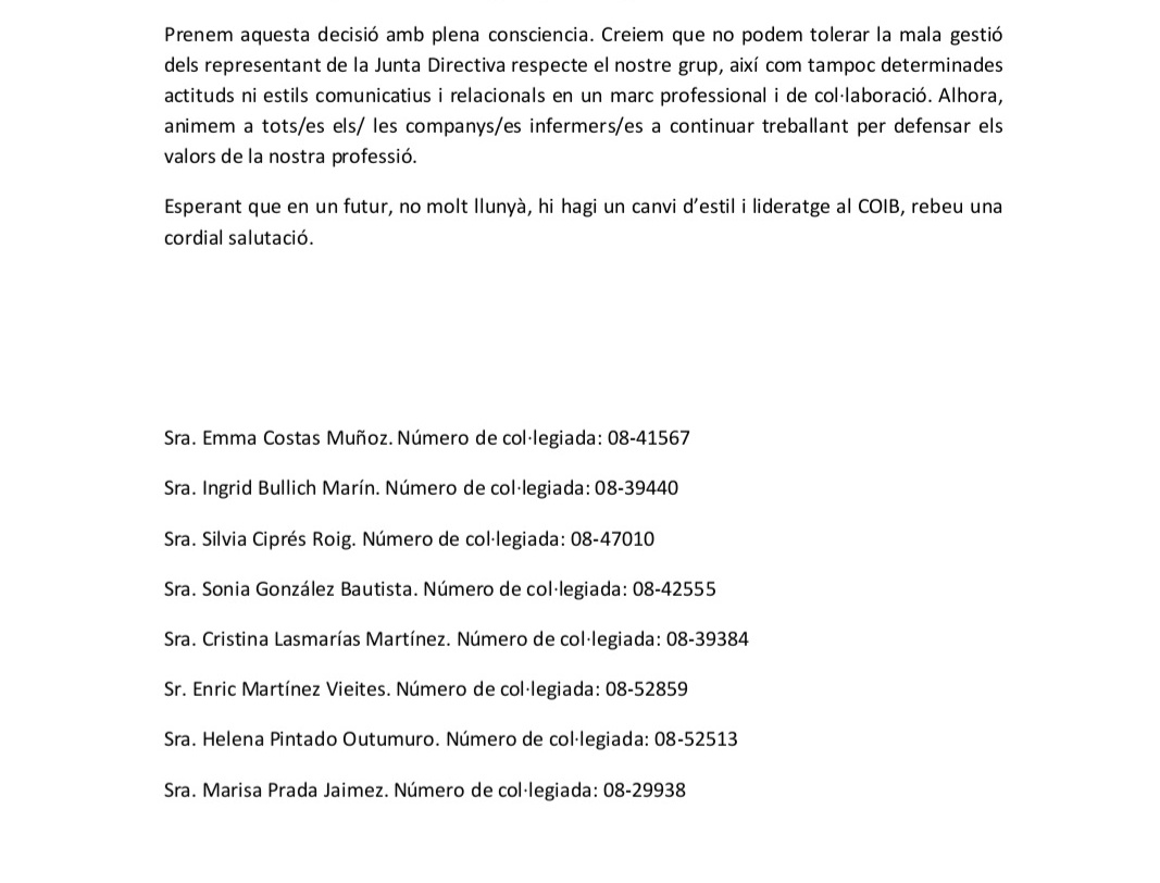 Amb molta llàstima,  hem fet arribar aquesta carta al COIB. Vàrem portar la bandera COIB ben alçada i amb orgull. Però deixem el paraigües COIB, per coherència. El grup i projecte seguiran... per fer crèixer la nostra professió, difondre les CP i cuidar a la ciutadania!!!!