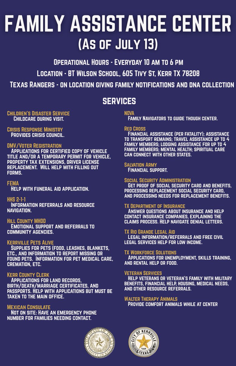 📌 Family Assistance Center at BT Wilson Education Building

The City of Kerrville and Kerr County have joined together with KISD to offer multiple resources and services under one roof for families in need of assistance.