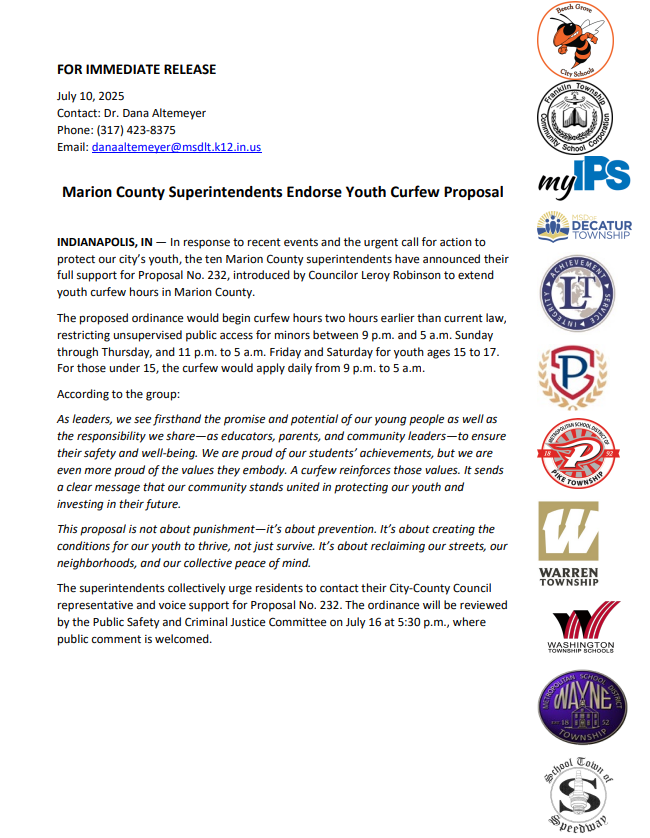 MSDDecatur's tweet image. Dr. Scott Collins, Superintendent, joins with all Marion County Superintendents to endorse the Youth Curfew Proposal for Indianapolis. The proposed ordinance No. 232 would begin curfew hours two hours earlier than current law. Please see full release below.
#DecaturProud