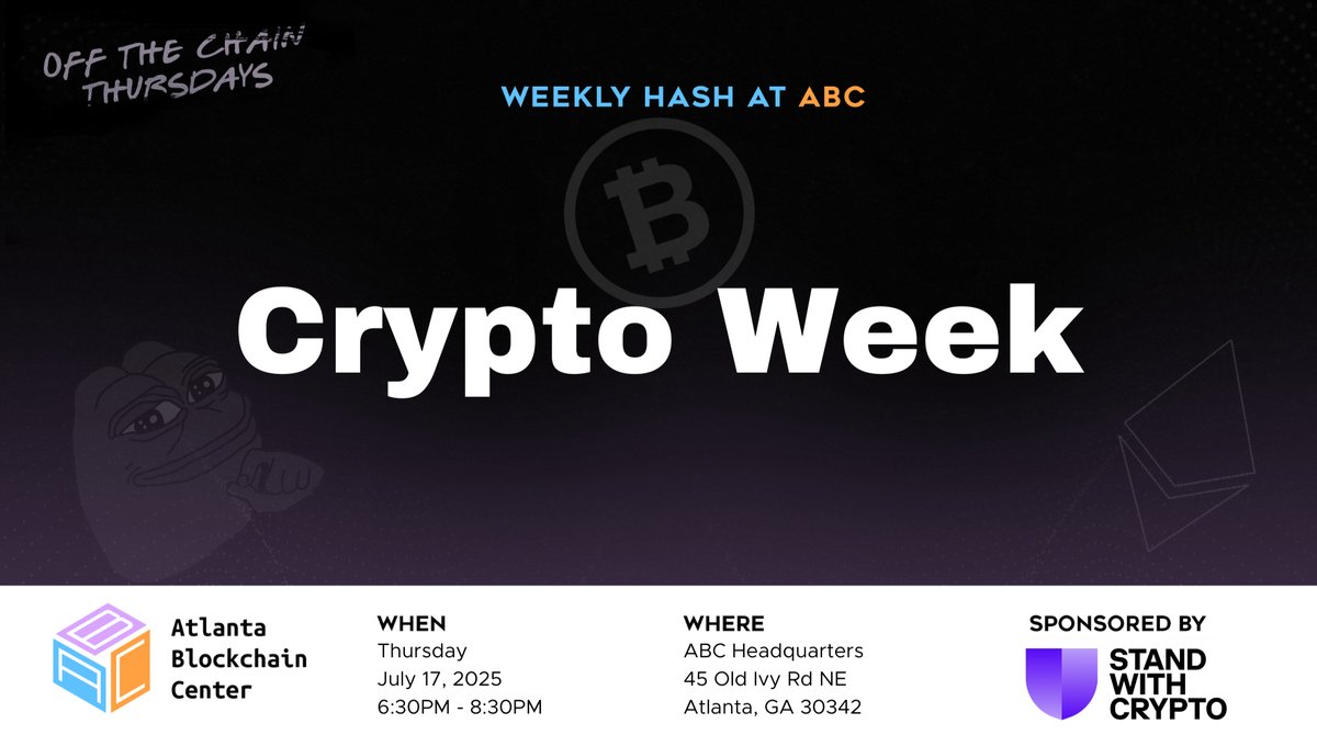 AtlantaChain's tweet image. For the first time ever, the United States is hosting Crypto Week on Capitol Hill — a historic gathering where lawmakers, industry leaders, and advocates will come together to shape the national conversation around blockchain and digital assets.
This week at Off The Chain…