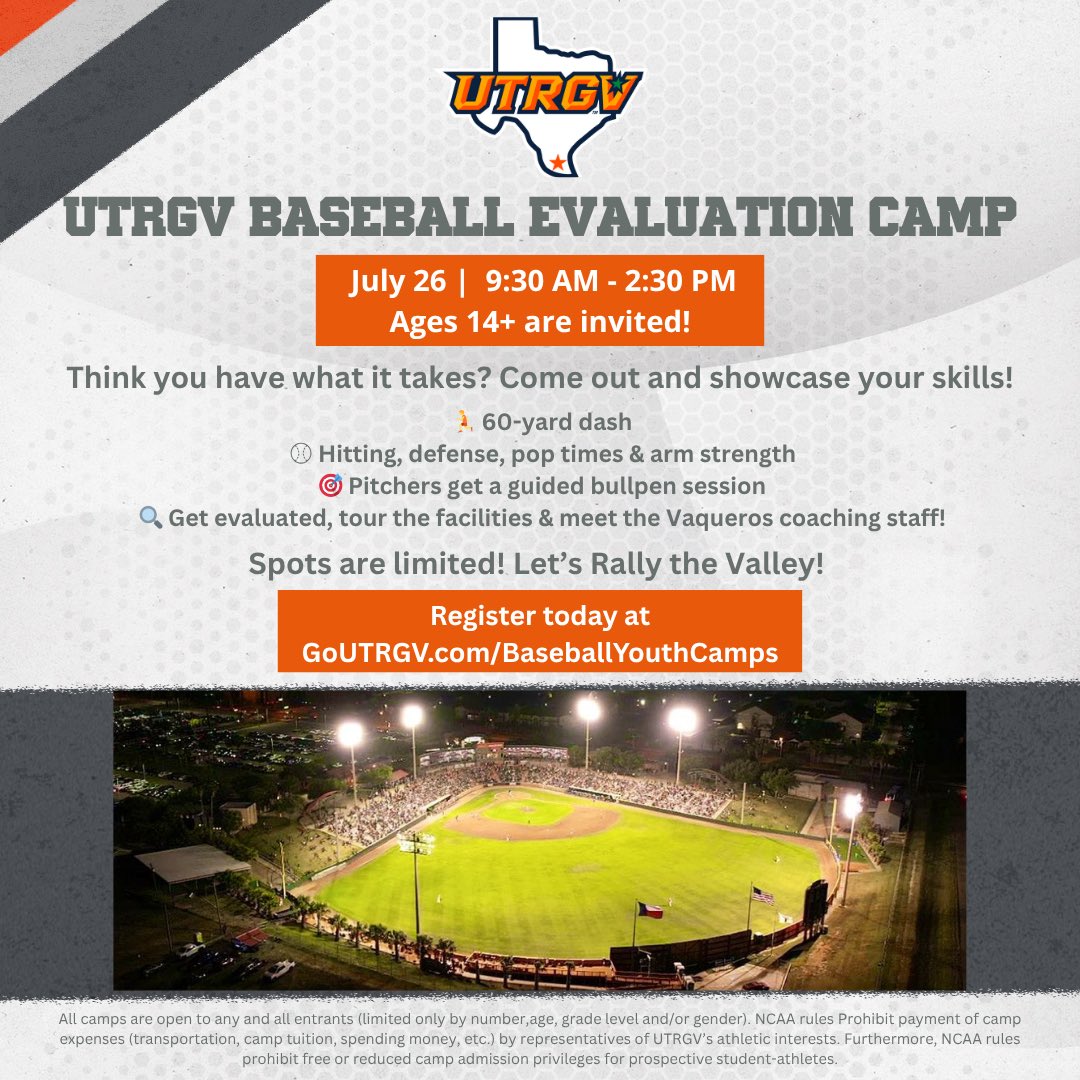 UTRGV Baseball Camps (@utrgvcamps) on Twitter photo We’re 12 days away from our UTRGV Evaluation Camp! Get signed up and showcase your skills here at our home field at UTRGV Stadium!
#RallyTheValley
goutrgv.com/sports/2024/4/… We’re 12 days away from our UTRGV Evaluation Camp! Get signed up and showcase your skills here at our home field at UTRGV Stadium!
#RallyTheValley
goutrgv.com/sports/2024/4/…