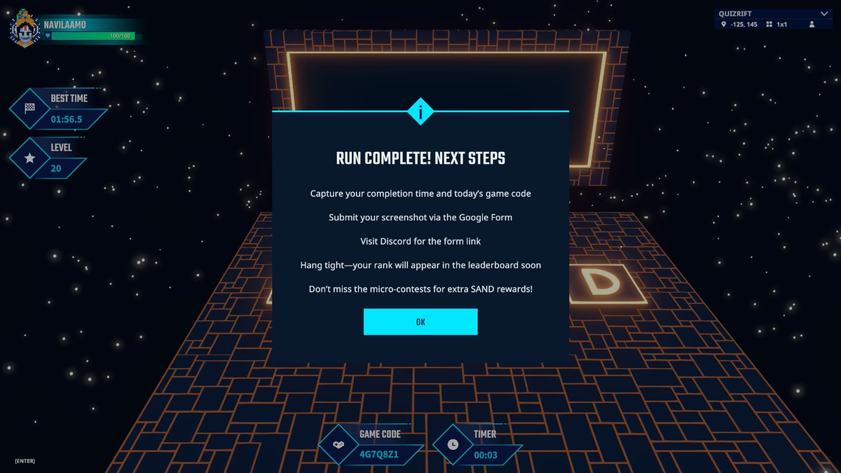 Hey #Sandfam, I just completed Quizrift in [01:56.5]! Can you beat my time?  #QuizriftEvent
<a href="/Sanctum_5/">Sanctum Metaverse - Artist</a> <a href="/naitzugi/">naitzugi</a> <a href="/Kuroes2/">Kuroes</a> <a href="/squidm00n/">Squidmoon</a>