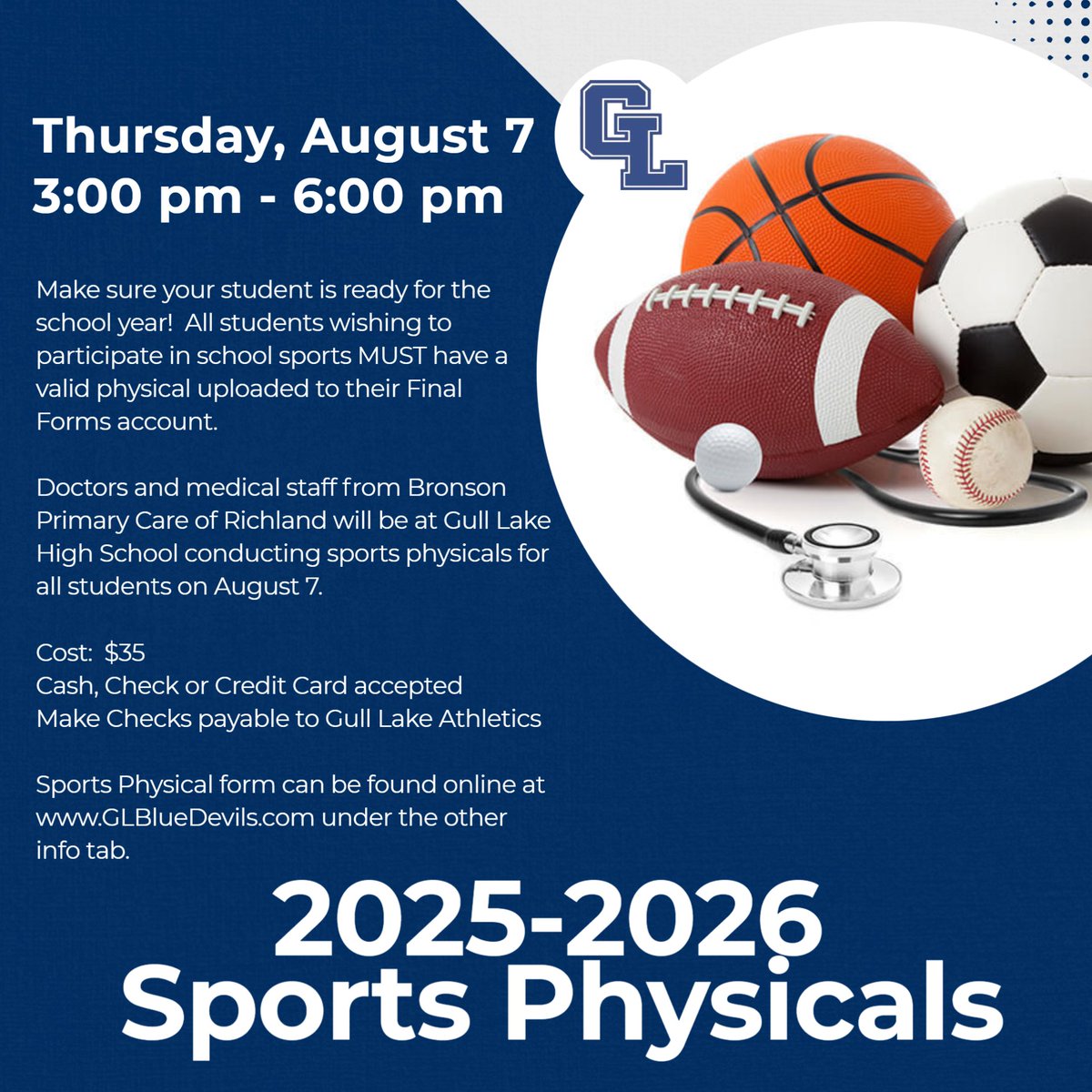 Mark your calendars for Thursday, August 7 to get your sports physical completed!  

All students wishing to participate in athletics in the 25-26 school year in grades 6-12 MUST have a valid sports physical on file.  Valid physicals are ones dated on or after April 15, 2025.