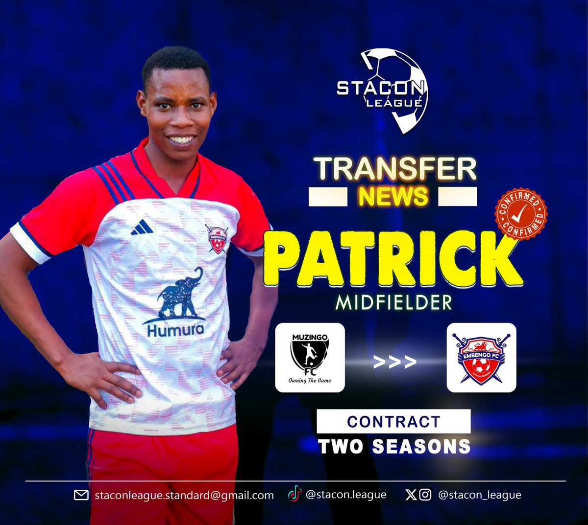 STACON LEAGUE (@stacon_league) on Twitter photo HERE WE GO!!!
<a href="/Embengo_FC/">EMBENGO FOOTBALL CLUB🏆</a> has sealed the signing of midfielder Patrick from <a href="/MuzingoFc/">Muzingo FC</a>
We saw him at Embengo in season 3 and he is back.
Follow us and stay updated for more #SLSN6Transfernews. HERE WE GO!!!
<a href="/Embengo_FC/">EMBENGO FOOTBALL CLUB🏆</a> has sealed the signing of midfielder Patrick from <a href="/MuzingoFc/">Muzingo FC</a>
We saw him at Embengo in season 3 and he is back.
Follow us and stay updated for more #SLSN6Transfernews.