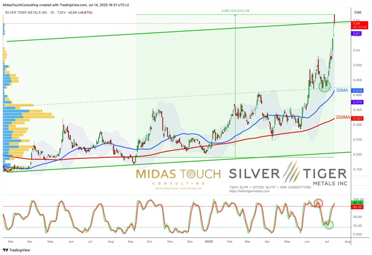 🚀 Silver Tiger Metals (#SLVR, #SLVTF, $SLVR, $SLVTF) soars to 3.5-yr high! 📈 Stock +250% since Sept '24, reaching new 3.5-year high at CAD 0.67 today. Silver rally still has lots of room to run 🔥 El Tigre project 🇲🇽 set to shine w/ PEA in H2 2025. Only 30% explored - massive