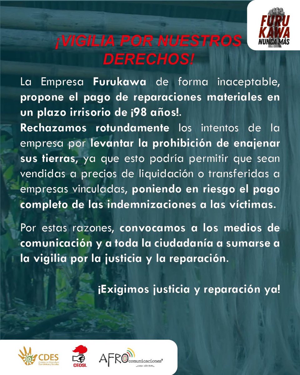 Furukawa Nunca Más (@abacalerolibre) on Twitter photo #RuedaDePrensa: invitamos a medios de comunicación este 17 de julio, 10h00, frente a <a href="/CorteConstEcu/">Corte Constitucional</a>
Resulta que la empresa Furukawa quiere pagar las indemnizaciones en 98 años. No lo permitiremos!
Únete a la vigilia de los trabajadores, este 17 y 18 de julio.
#FurukawaNuncaMás #RuedaDePrensa: invitamos a medios de comunicación este 17 de julio, 10h00, frente a <a href="/CorteConstEcu/">Corte Constitucional</a>
Resulta que la empresa Furukawa quiere pagar las indemnizaciones en 98 años. No lo permitiremos!
Únete a la vigilia de los trabajadores, este 17 y 18 de julio.
#FurukawaNuncaMás