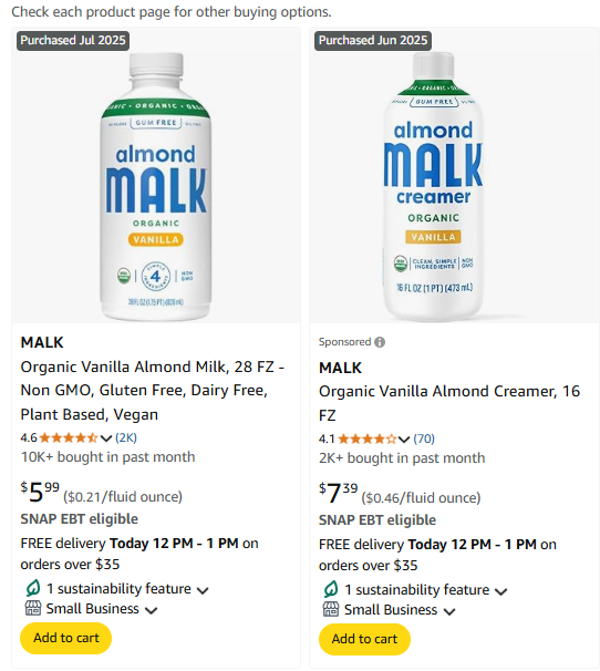 jacksonlpollock's tweet photo. @rsrouse big fan of Malk! one random unsolicited rec: I would make a clearer packaging difference to the creamer vs regular malk. It's hard to notice a difference between these two items unless you really look. Easy to mix it up especially with online grocery orders https://t.co/prvHemiz3f