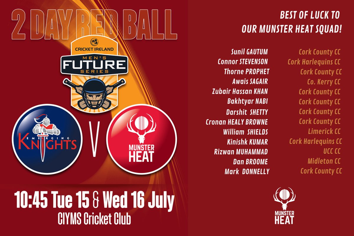 MunsterCricket's tweet photo. Best of luck to our young Munster Heat squad as they journey up the motorway today for the Cricket Ireland Future Series at CIYMS starting tomorrow. The Heat are facing The Emerging Knights in a 2-day red ball fixture. Go well!

@cricketireland @Cork_CountyCC @QuinsCC @LimerickCricket @ucccricket @MidletonCricket @Kerry_Cricket