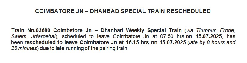 DRM Salem (@salemdrm) on Twitter photo Coimbatore - Dhanbad Weekly Special Train
Of 15 July, 2025
Rescheduled.
<a href="/GMSRailway/">Southern Railway</a> <a href="/DrmChennai/">DRM Chennai</a> Coimbatore - Dhanbad Weekly Special Train
Of 15 July, 2025
Rescheduled.
<a href="/GMSRailway/">Southern Railway</a> <a href="/DrmChennai/">DRM Chennai</a>