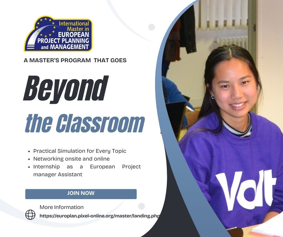 A Master that goes beyond the Classroom! 

In the International Master in European Project Planning and Management, learning is practical, immersive, and career-focused.

See how our methodology prepares you for real-world success:

europlan.pixel-online.org/master/landing…