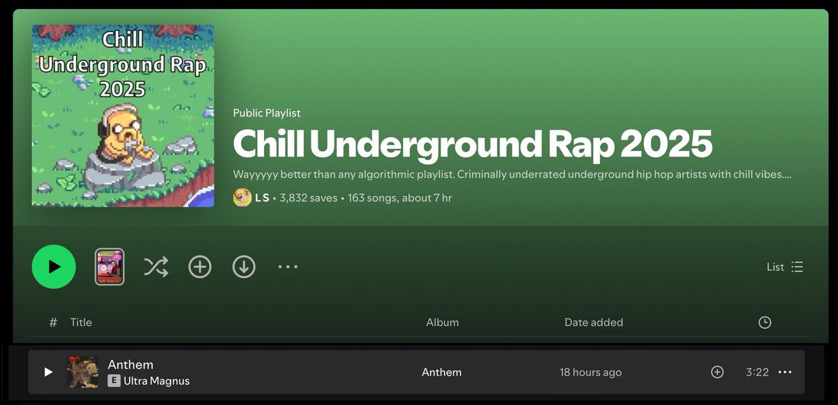 Hand'Solo Records (@handsolorecords) on Twitter photo Shout out Lee Sin Music for including <a href="/UltraMagnusMC/">Ultra Magnus</a>'s "Anthem" on their Chill Underground Rap 2025 playlist! Check it out at:
open.spotify.com/playlist/7BEAx… Shout out Lee Sin Music for including <a href="/UltraMagnusMC/">Ultra Magnus</a>'s "Anthem" on their Chill Underground Rap 2025 playlist! Check it out at:
open.spotify.com/playlist/7BEAx…