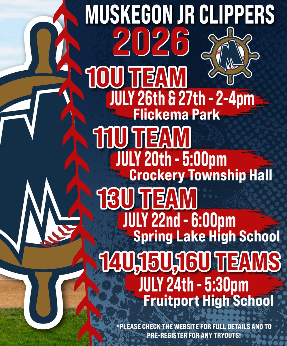 The 2026 Jr Clippers tryouts are coming up starting this weekend!  Check out the flyer below for dates.  Please go to the Jr Clippers website via the link below for full details and to pre-register for the tryouts.

muskegonjrclippers.com