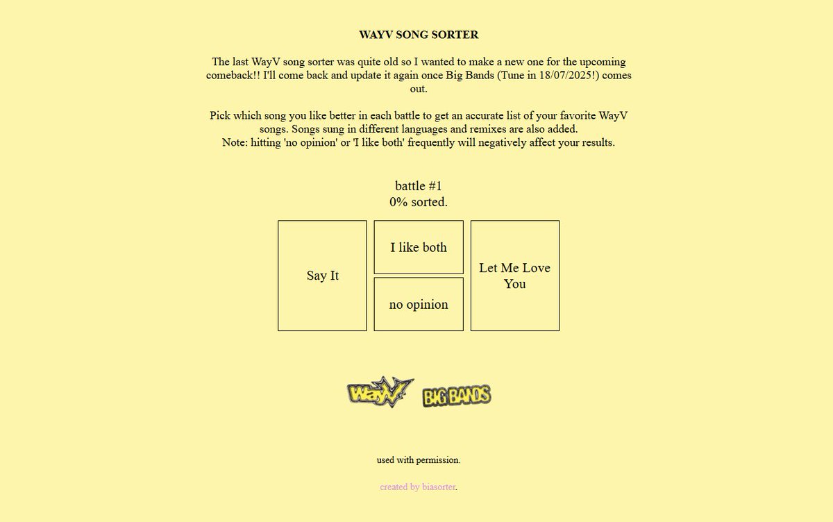 WayV Favourite Song Sorter 2025 
Hii guys since they're coming back soon i decided to make an updated wayv sorter for fun while waiting for cb day :D It's updated until Frequency and I'll probably add bigbands once it releases too wayvsongsorter.neocities.org