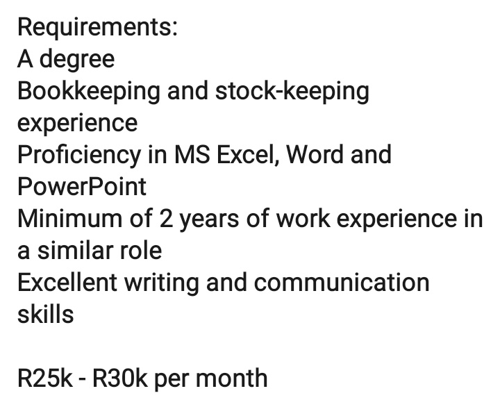 We are looking for a Administrative Assistant in  Johannesburg.

Salary: SalaryR25 000 - R30 000 pm
Apply online: zurl.co/8JkNG