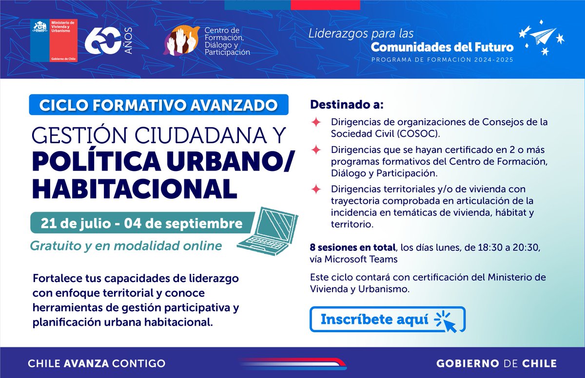 📢 ¡Inscríbete gratis en el Ciclo de Formación Avanzada!
Dirigido a liderazgos sociales que quieran profundizar en política habitacional, gestión institucional  y participación territorial
🗓️ 21 de julio
🖥️100% online | 8 sesiones 

tinyurl.com/2zz6n8u2