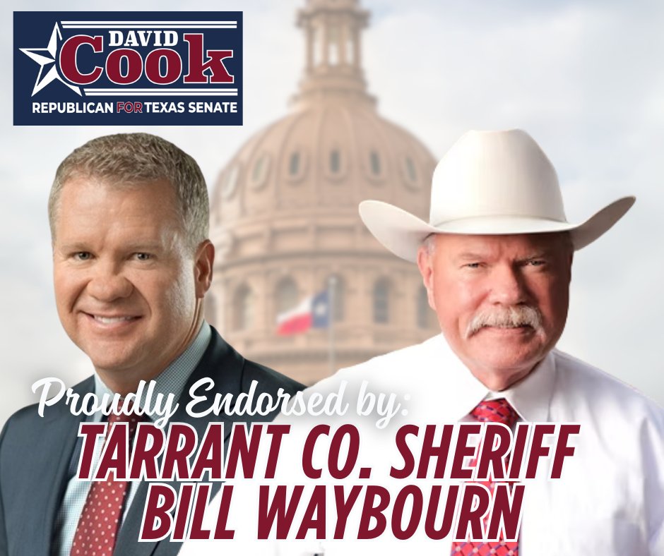 DavidCookTexas's tweet image. With almost 40 years of experience in law enforcement as a County Sheriff and Police Chief, Sheriff @BillWaybourn knows what it takes to preserve law and order and protect public safety. I'm honored to have his endorsement for Senate District 22. #txlege