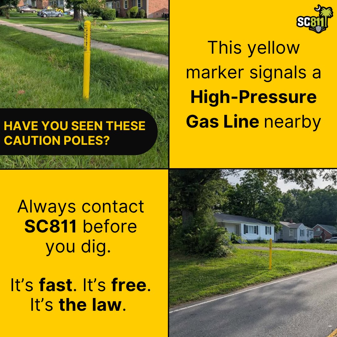 sc_811's tweet image. Those small yellow poles you pass by might not seem important, but they mark something critical, high-pressure gas lines. These lines can run close to homes, and digging without checking can be dangerous. Contact 811 before you dig. #safedigging #contact811 #gaslines