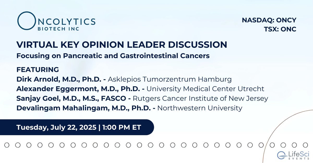 Join <a href="/Oncolytics/">Oncolytics Biotech</a> $ONCY for a KOL webinar on July 22 at 1:00 PM ET to discuss pelareorep in mPDAC and other gastrointestinal cancers featuring Dr. Dirk Arnold, Dr. Alexander Eggermont, Dr. Sanjay Goel, and Dr. Devalingam Mahalingam. Register: lifescievents.com/event/cu8w3mvm…