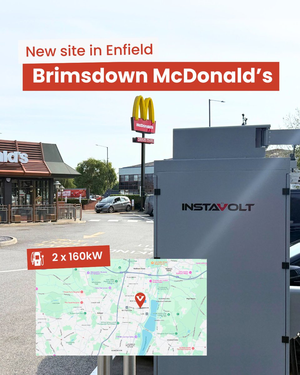 InstaVoltUK's tweet image. New InstaVolt site live near Brimsdown Station in North London! ⚡
📍 McDonald’s Brimsdown, just off Mollison Ave (A1055)
🚗 2 x 160kW chargers
🍔 On-site McDonald’s
💳 Contactless payment available
🌓 54p/kWh* off-peak pricing (8PM - 7AM)
🌱 100% renewable energy…