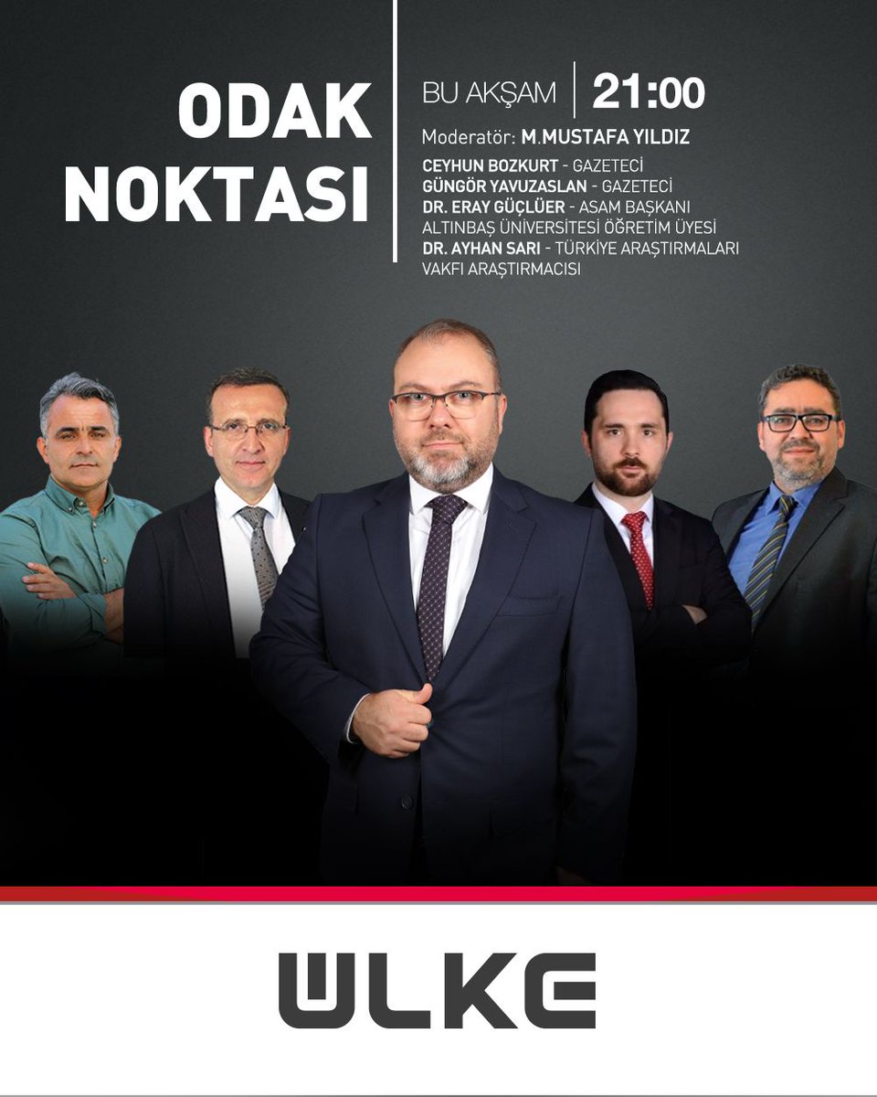 ÜLKE TV (@ulketv) on Twitter photo M.Mustafa Yıldız'ın sunduğu 'Odak Noktası' programına Gazeteci <a href="/cyhnbzkrt/">Ceyhun Bozkurt</a>, Gazeteci <a href="/gyavuzaslan74/">GÜNGÖR YAVUZASLAN</a>, ASAM Başkanı Dr. <a href="/DrErayGUCLUER/">Dr.D.Eray Güçlüer</a>, Türkiye Araştırmaları Vakfı Araştırmacısı Dr. <a href="/drayhansari/">Ayhan SARI</a> konuk oluyor.
'Odak Noktası' saat 21.00'de Ülke TV'de <a href="/mustafayildiztv/">M.Mustafa Yıldız</a> M.Mustafa Yıldız'ın sunduğu 'Odak Noktası' programına Gazeteci <a href="/cyhnbzkrt/">Ceyhun Bozkurt</a>, Gazeteci <a href="/gyavuzaslan74/">GÜNGÖR YAVUZASLAN</a>, ASAM Başkanı Dr. <a href="/DrErayGUCLUER/">Dr.D.Eray Güçlüer</a>, Türkiye Araştırmaları Vakfı Araştırmacısı Dr. <a href="/drayhansari/">Ayhan SARI</a> konuk oluyor.
'Odak Noktası' saat 21.00'de Ülke TV'de <a href="/mustafayildiztv/">M.Mustafa Yıldız</a>