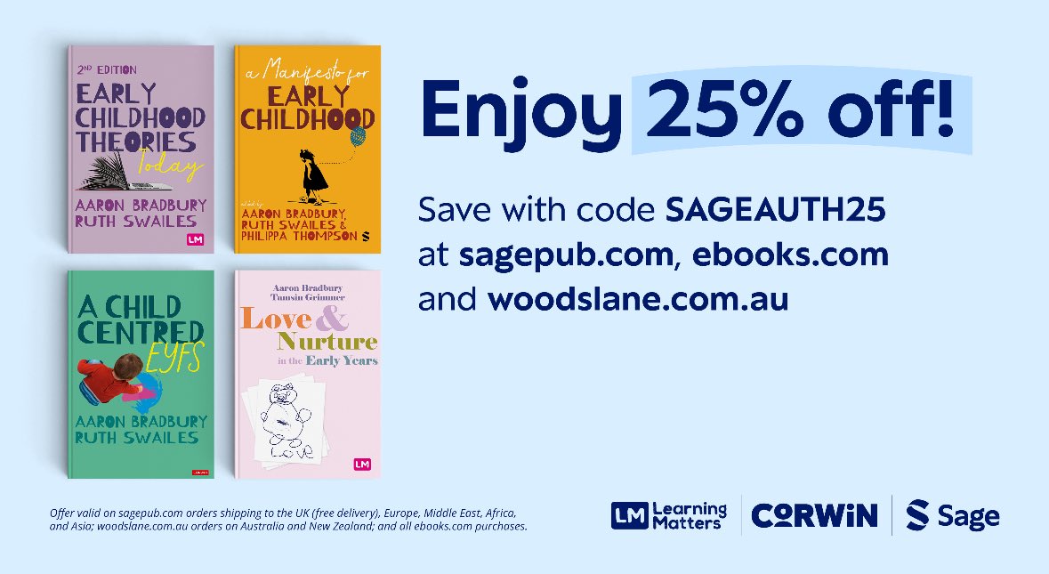 AaronTeamEC's tweet image. 25% OFF!
Some of my books on nurture & child-centred early years practice and theories are now discounted with SAGE!
Use code SAGEAUTH25 at:
🔹 sagepub.com
🔹 ebooks.com
🔹 woodsLane.com.au
Let’s keep championing what matters 💛
#EarlyYears #EYFS