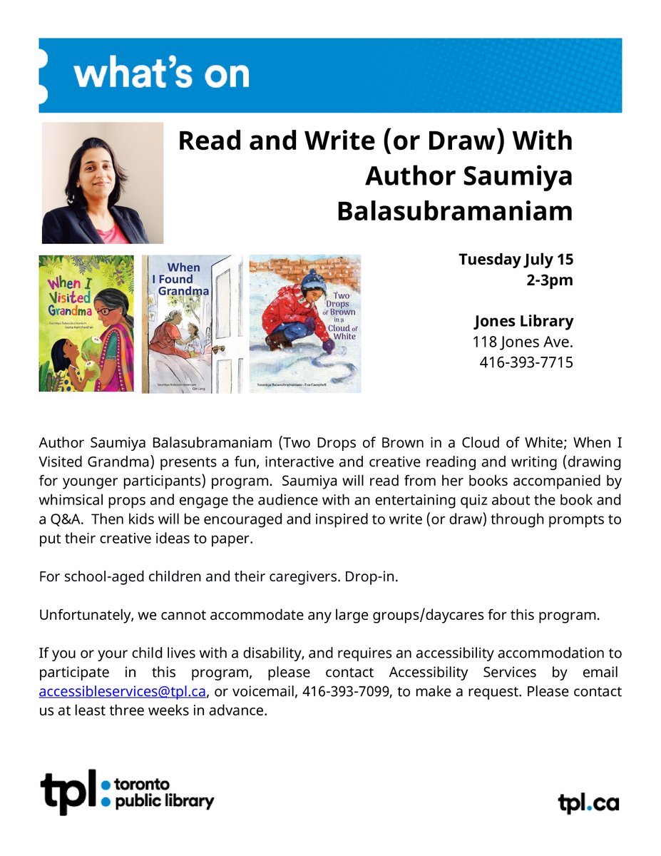 Author Saumiya Balasubramaniam will be coming to Jones Branch tomorrow for a creative writing workshop!

Drop-in