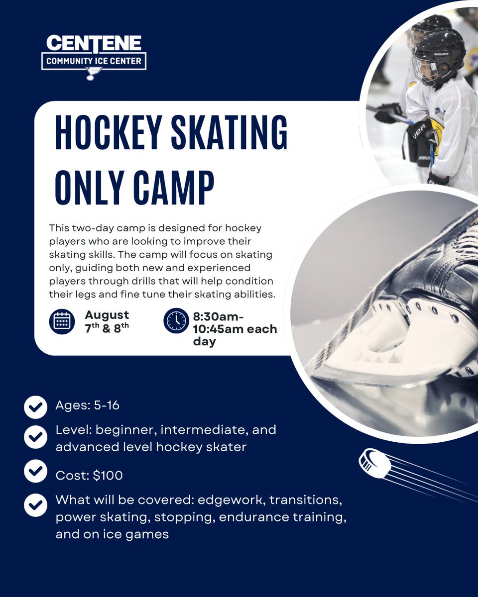 🏒 Sharpen those blades and level-up your stride! Our 2-day Hockey Skating-Only Camp is back ⛸️ 

centene.finnlyconnect.com/registration/a…