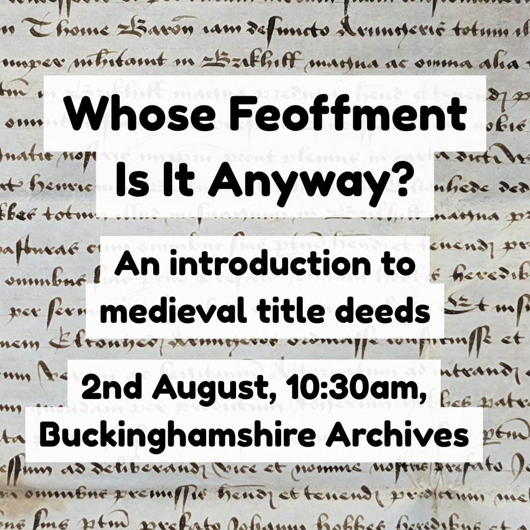 BucksArchives's tweet image. On the 2nd of August we'll be hosting a short talk on how to use medieval title deeds in your research. From the many quirks of Latin to the fascinations of feoffments, come along and have your queries answered!
Book your free space by emailing archives@buckinghamshire.gov.uk