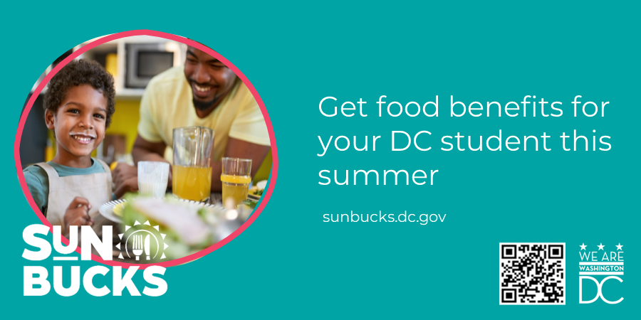 _DCHealth's tweet image. #SUNBucks is back this summer! DC SUN Bucks is a grocery benefit program that helps combat childhood hunger in the District, providing $120 for each eligible school-aged child during the summer for groceries. Learn more: sunbucks.dc.gov