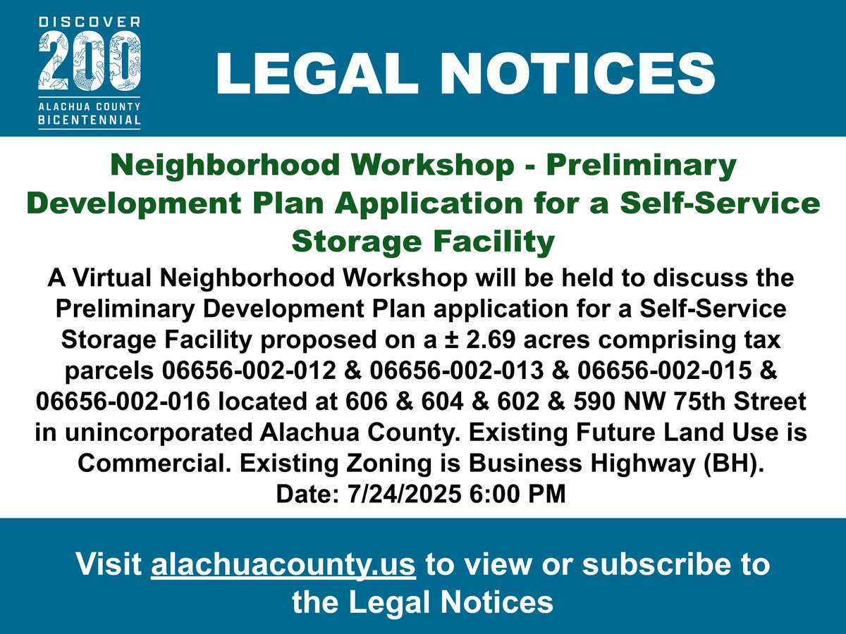 IMPORTANT LEGAL NOTICE: Neighborhood Workshop - Preliminary Development Plan Application for a Self-Service Storage Facility tinyurl.com/ydsrs7c2