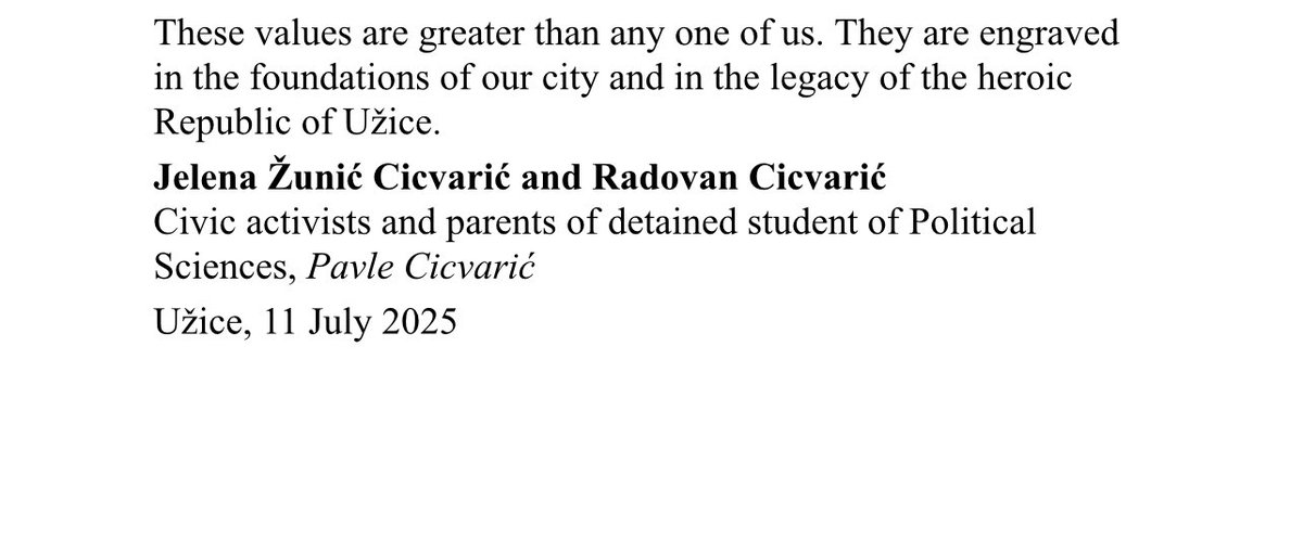 Let’s talk about Pavle Cicvarić
— a Serbian student, one of the young political prisoners caught in Vučić’s crackdown on democracy.

📣 <a href="/MartaKosEU/">Marta Kos</a> , <a href="/vonderleyen/">Ursula von der Leyen</a>  -
have you read his parents’ letter?

They’re urging you to stand up for core European values.

Why are you silent?