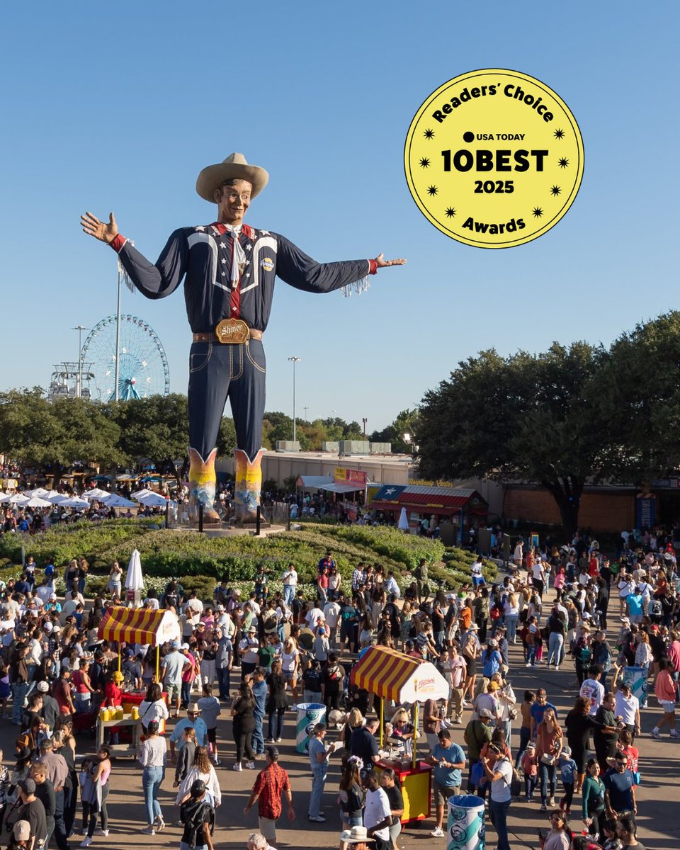 StateFairOfTX's tweet photo. Y’all, we’ve been nominated! 🤠 The State Fair of Texas is up for Best State Fair in USA TODAY’s @10Best Readers’ Choice Awards, and we NEED YOUR HELP to bring home the blue ribbon! 🏆

Vote here: https://t.co/PXLpkidb6O
You can vote once a day through Monday, July 28, at 11:59 a.m. EDT, so set a reminder and show the world how Texas does it bigger and better. 💪