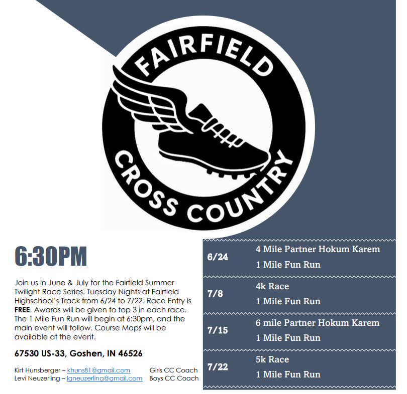 Fairfield Community Schools (@fcs2155) on Twitter photo The Fairfield Falcon Summer Twilight series has another great event Wednesday. Meet at the high school track for a 1-mile fun run at 6:30. The main event this week will be a 6 mile Partner Hokum Karem. For more information, contact Kirt Hunsberger at khuns81@gmail.com The Fairfield Falcon Summer Twilight series has another great event Wednesday. Meet at the high school track for a 1-mile fun run at 6:30. The main event this week will be a 6 mile Partner Hokum Karem. For more information, contact Kirt Hunsberger at khuns81@gmail.com