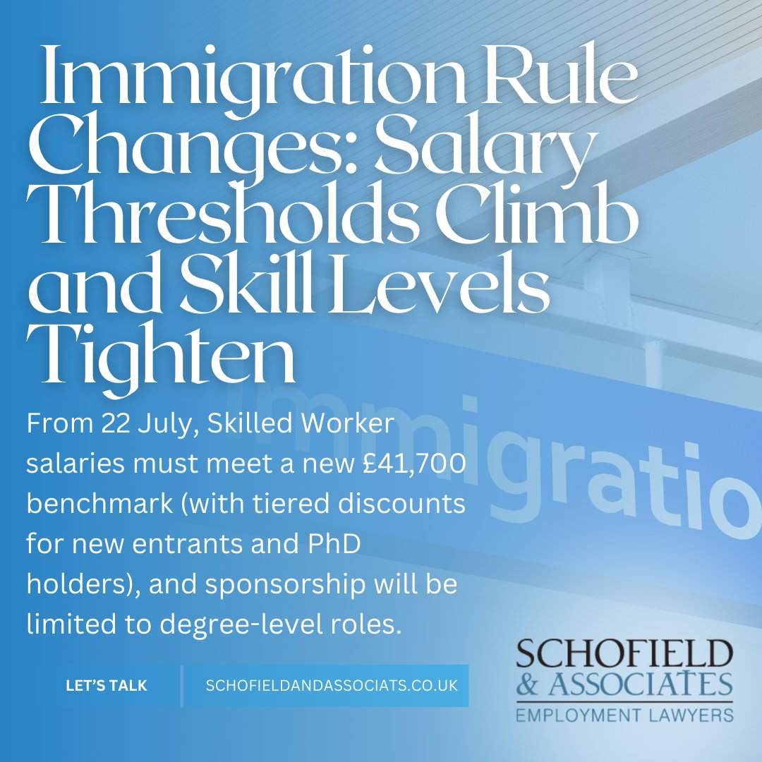 Big changes for Skilled Worker visas coming 22 July 2025

Salary thresholds rise:
• General: £41,700
• New entrants: £33,400
• PhD roles: £37,500

Plus, most sponsored roles must now be degree-level or above.

Need help navigating it? Schofield &amp; Associates can advise.