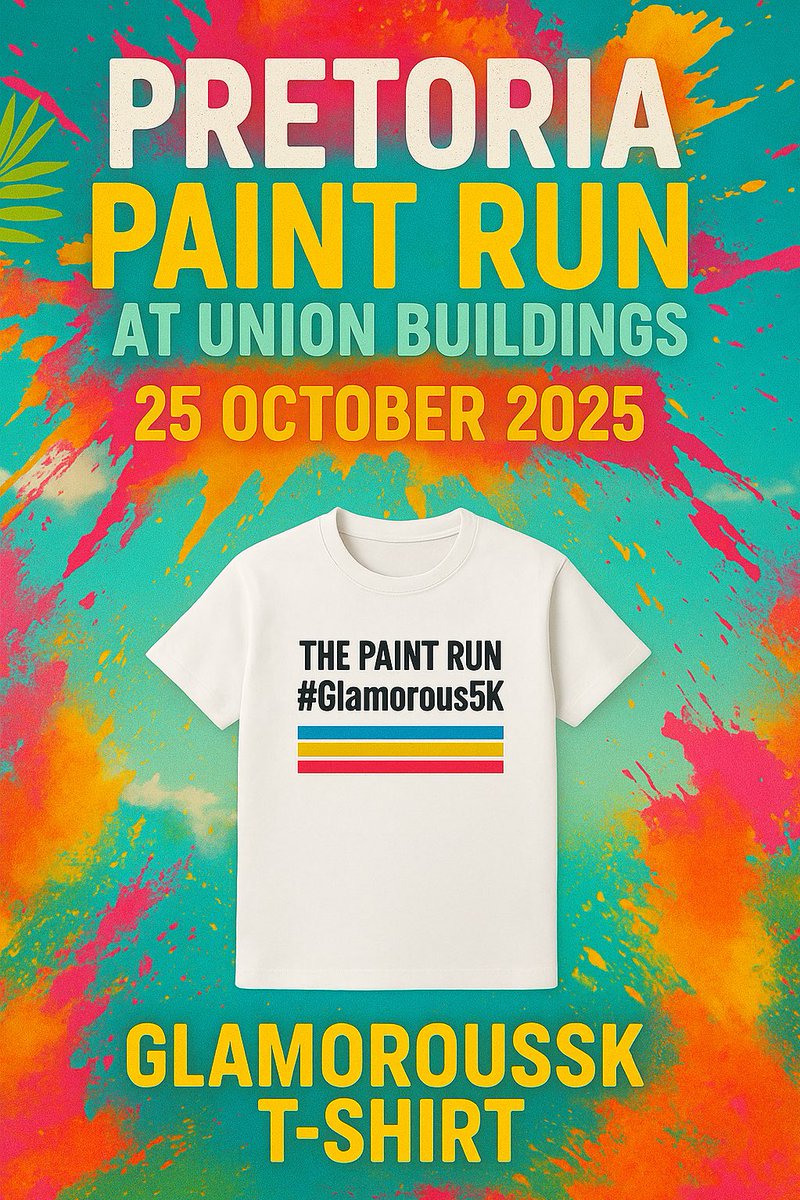 🎽 Here it is!

This is the official #Glamorous5K T-shirt you’ll be rocking  for Paints/Color Splashes at the Pretoria Paint Run on 25 October 2025 — hosted at the iconic Union Buildings!
Get ready to paint the streets with color, energy, and unforgettable vibes! 🌈🔥

✅