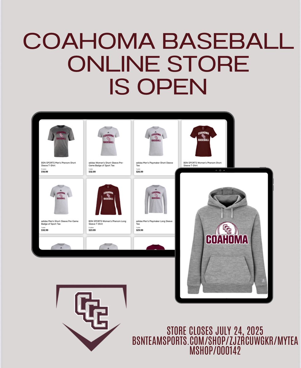 Our team store is OPEN! Tshirts, sweatshirts, sweatpants, and more! Don’t miss your opportunity to rep Coahoma Baseball everywhere you go! 🐅⚾️

Store closes July 24
bsnteamsports.com/shop/ZJZrCUwgkR