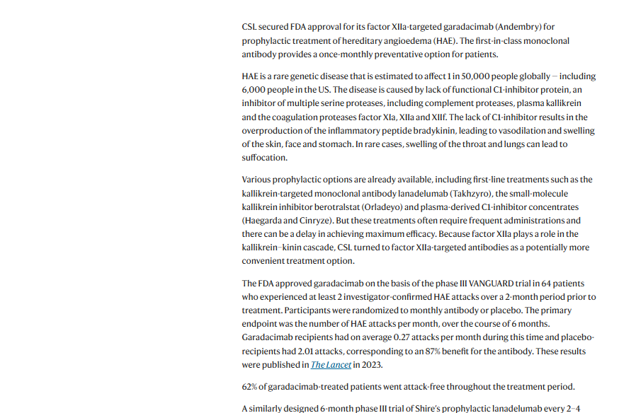 NatRevDrugDisc's tweet image. FDA approves first factor XIIa inhibitor, for hereditary angioedema nature.com/articles/d4157…
CSL's first-in-class monoclonal antibody therapy garadacimab provides a once-monthly preventative option