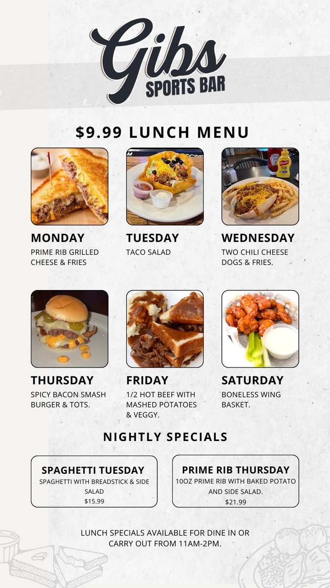 Our $9.99 daily lunch specials and two dinner features are available for dine-in or carryout. Plus, don't forget that we serve breakfast Saturdays and Sundays from 8 to 11:45 a.m.

#Cheers🍽️👨🏽‍🍳