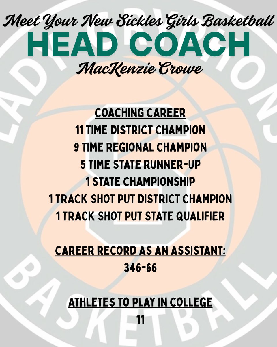 Formally introducing our new head coach, MacKenzie Crowe. MacKenzie knows the excellence that was established under Coach Key’s tenure and is excited to take over the reigns. #gogryphons #girlsbasketball <a href="/SicklesHigh/">Sickles High School</a> <a href="/Biggamebobby/">Bob Putnam</a> <a href="/SicklesPTSA/">Sickles High PTSA</a>