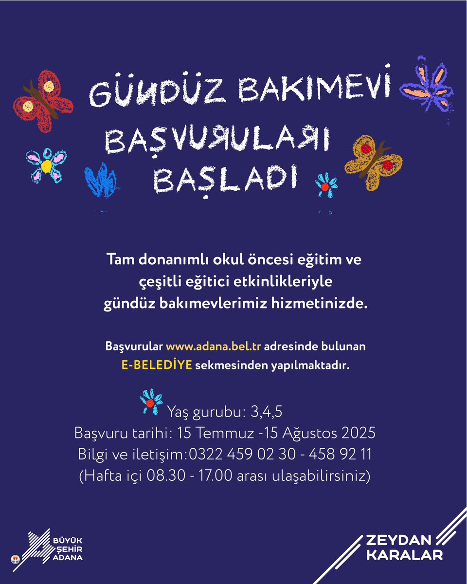 Adana Büyükşehir Belediyesi Gündüz Bakımevi başvuruları başlıyor. 🦋🌸

Tam donanımlı okul öncesi eğitim ve çeşitli eğitici etkinlikleriyle gündüz bakımevlerimiz hizmetinizde.

Başvurular adana.bel.tr adresinde bulunan E-BELEDİYE sekmesinden yapılmaktadır.

Yaş grubu:
