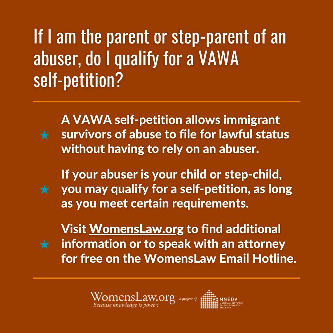 WomensLaw's tweet image. For some immigrant survivors of abuse, the person who hurt them may be a child or step-child. These survivors (and all survivors!) deserve to be safe, regardless of who chose to harm them. A #VAWA self-petition can be one helpful tool to consider. More: buff.ly/hpzB2oy