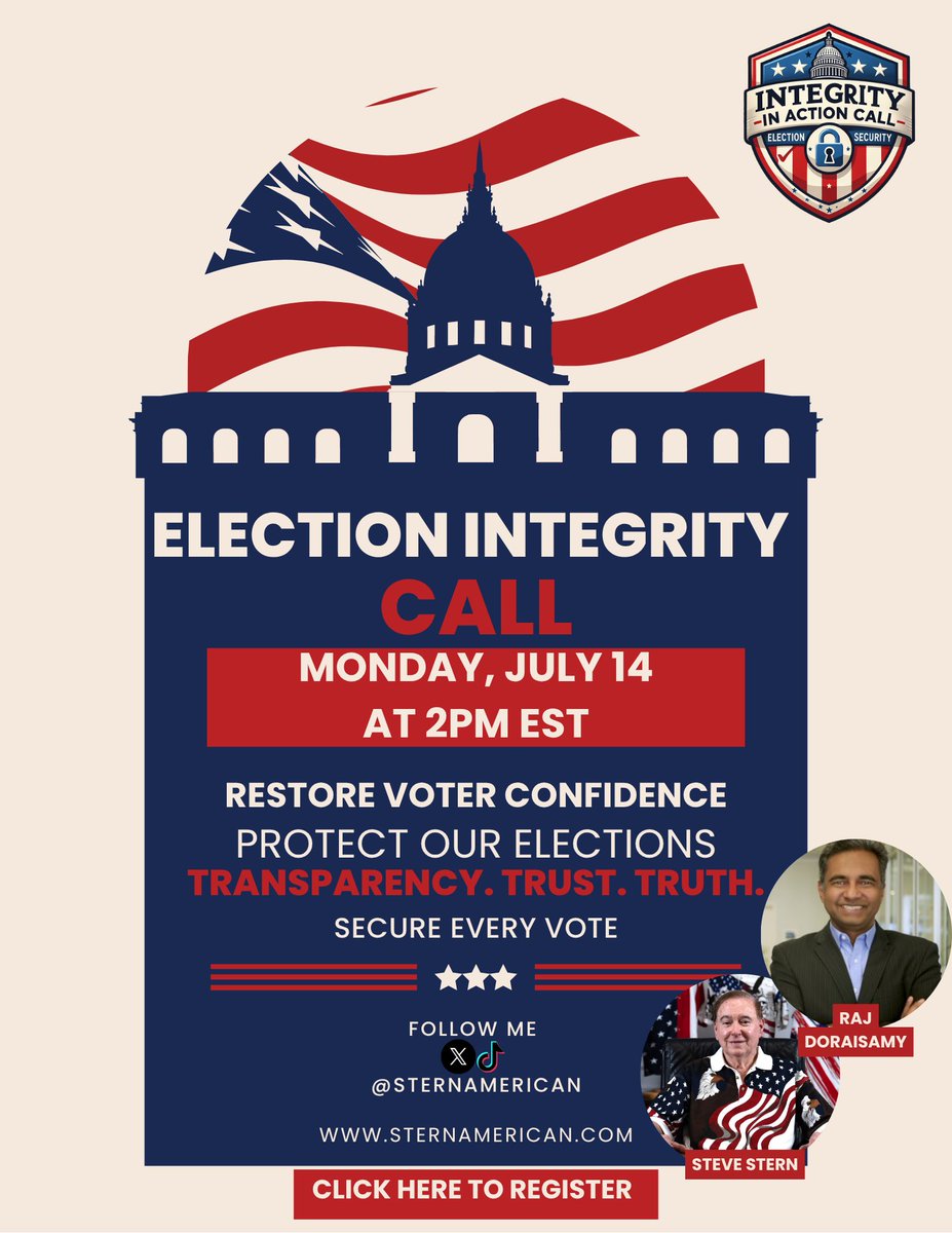 SternAmerican's tweet image. JOIN US for our next ELECTION SECURITY CALL
TODAY!!!
Monday, July 14
2:00 PM EST
You can register now at the following link: form.jotform.com/231894597126165
These will be our featured speakers:
Mike Lindell
Linda Szynkowicz
John De Ferrera
Mark Baird
Kate Sullivan
Robyn…