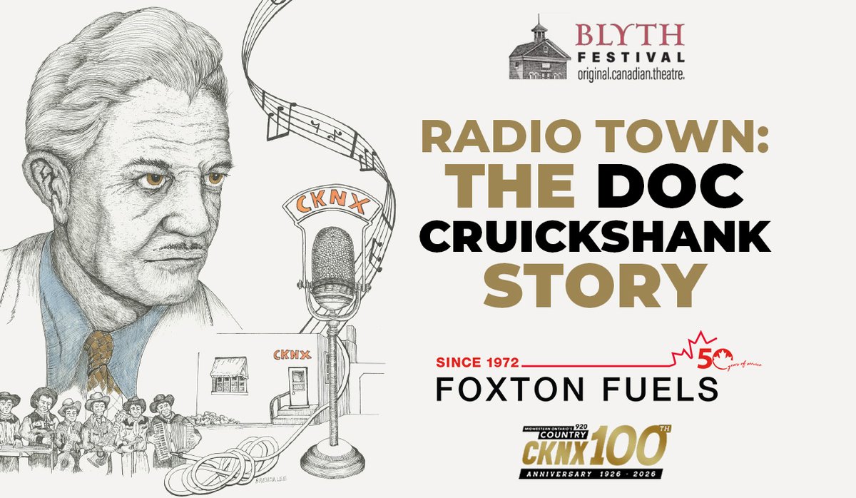 CKNX (@cknxradio) on Twitter photo Radio Town: The Doc Cruickshank Story is coming to the Blyth Festival!
Proudly presented by Foxton Fuels and Media Sponsor CKNX AM920.
This is your chance to get tickets for $9.20 by using promo code CKNX!
<a href="/FoxtonFuels/">Foxton Fuels</a>
cknx.ca/contests/2025/… Radio Town: The Doc Cruickshank Story is coming to the Blyth Festival!
Proudly presented by Foxton Fuels and Media Sponsor CKNX AM920.
This is your chance to get tickets for $9.20 by using promo code CKNX!
<a href="/FoxtonFuels/">Foxton Fuels</a>
cknx.ca/contests/2025/…