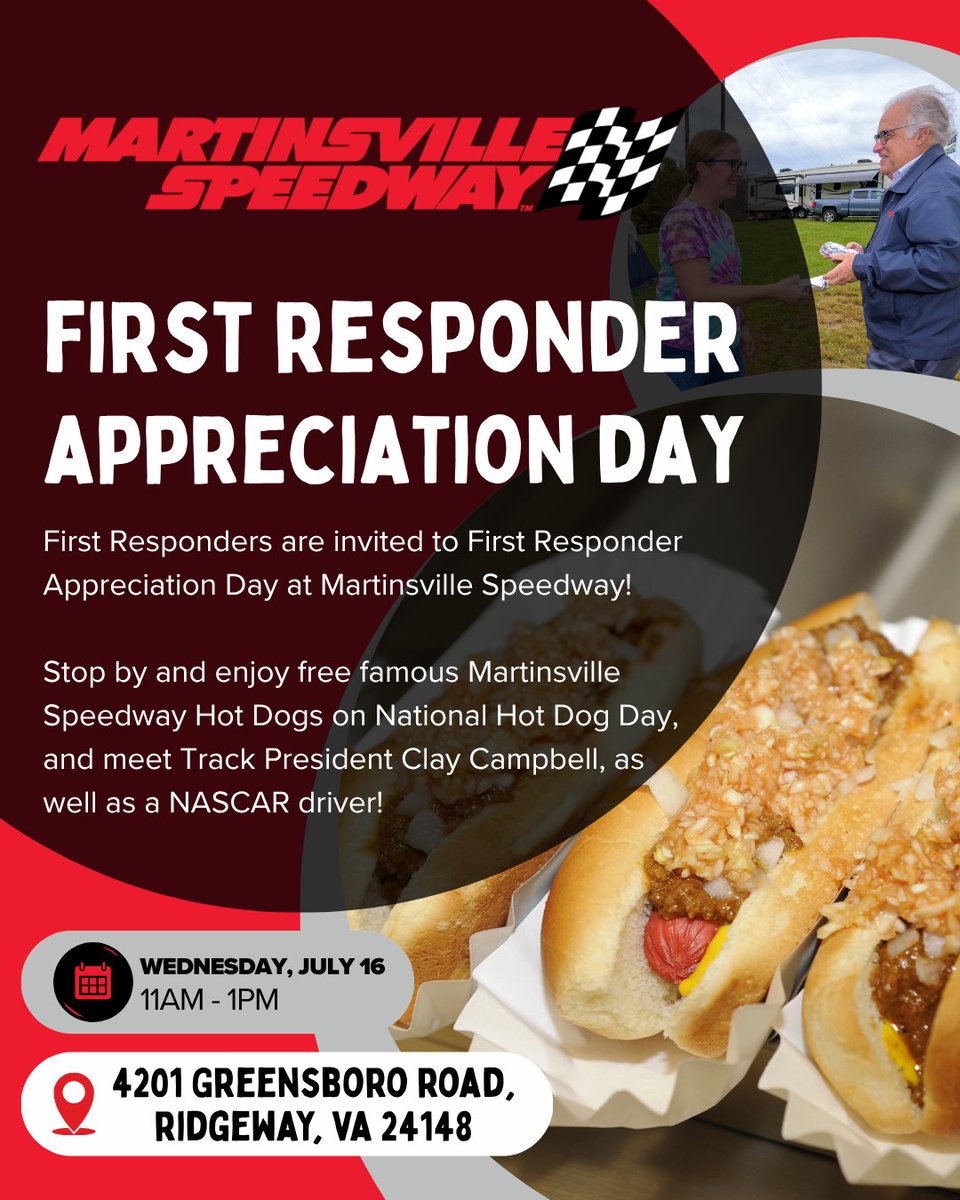 We're honored to welcome our local heroes to <a href="/MartinsvilleSwy/">Martinsville Speedway</a> this Wednesday from 11AM to 1PM to celebrate National Hot Dog Day. We'll have free famous Martinsville Hot Dogs and refreshments! #NationalHotDogDay #MartinsvilleSpeedway